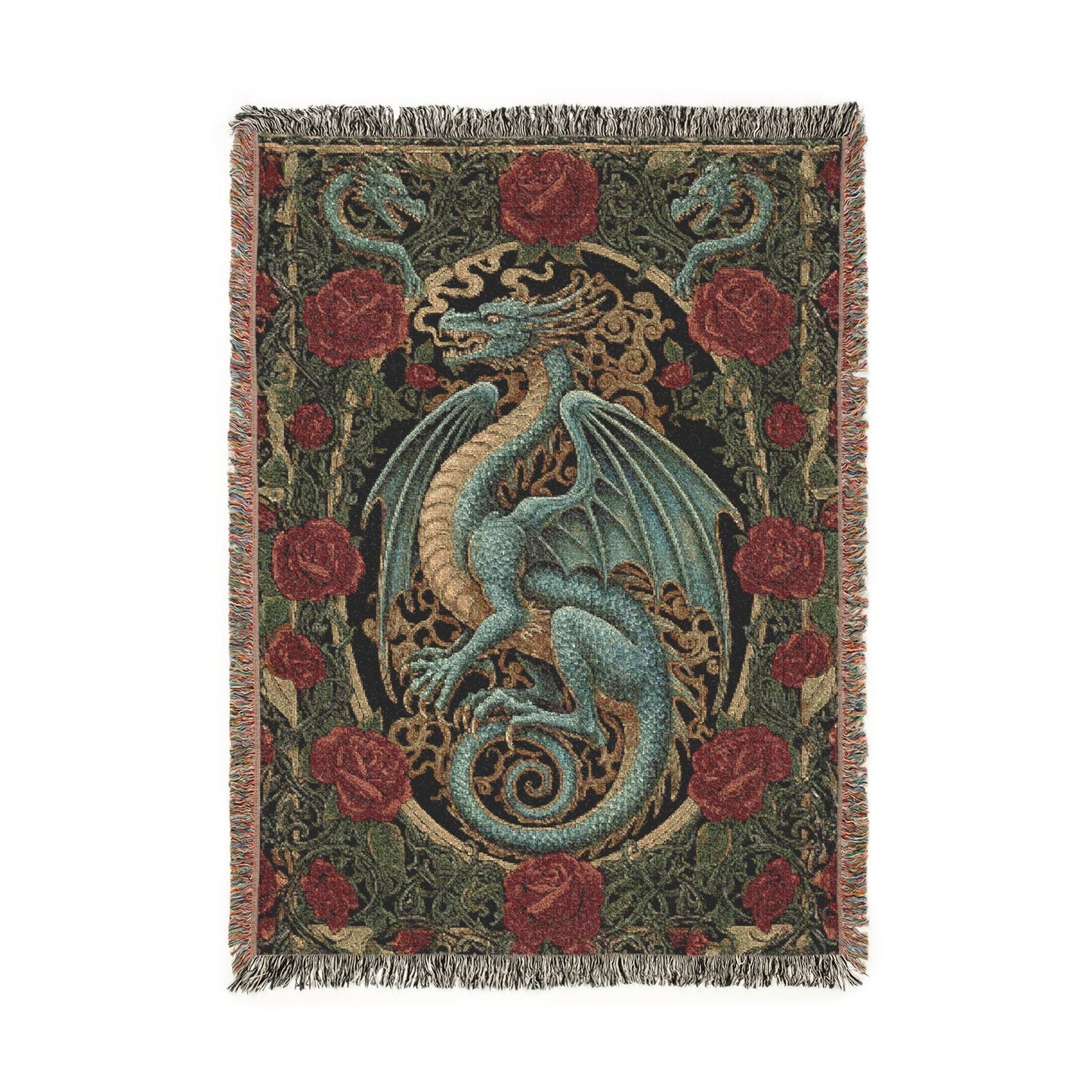 Dragon Woven Blanket, Gothic Tapestry Wall Hanging, Fantasy Art Jacquard Throw Red Roses, Dark Academia Medieval Decor, Mythical Creature