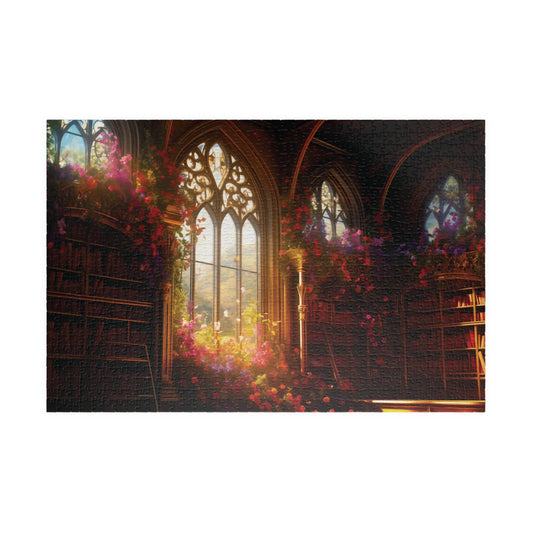 Puzzle with graphic of a Fantasy scene with bookshelves filled with flowers and a large stained glass window.