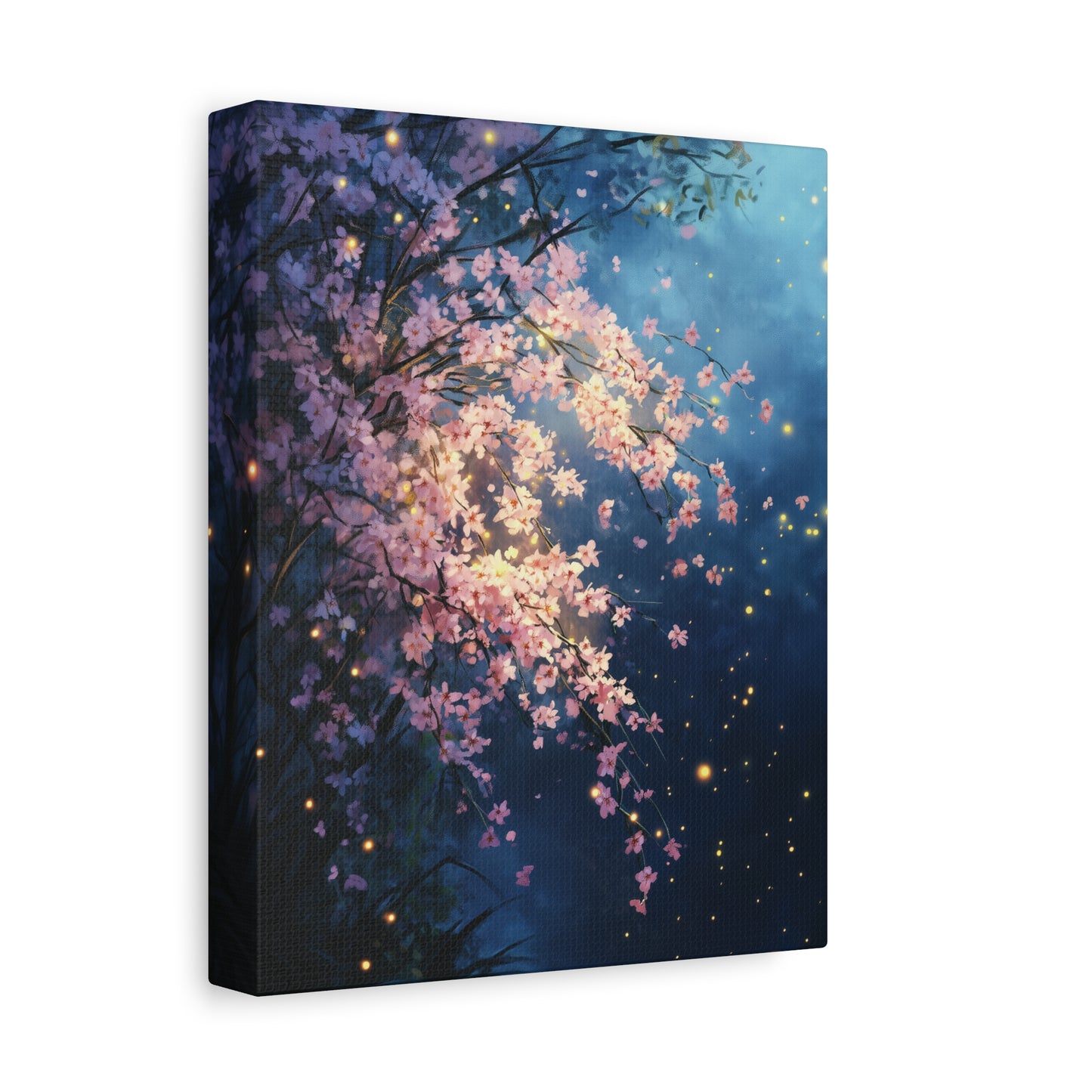 Cherry Blossom Night Scene Canvas Print, Magical Firefly Artwork, Ethereal Nature Wall Art, Sakura Flower Canvas Wall Art, Home Office Decor