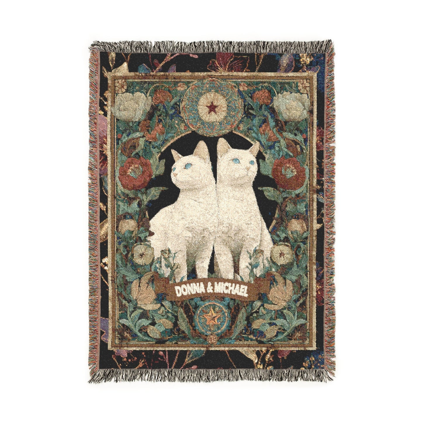 Personalized Cat Woven Blanket, Custom Couple Names Tapestry, Art Nouveau Wedding Gift, Jacquard Throw, Celestial White Cat Lover Decor