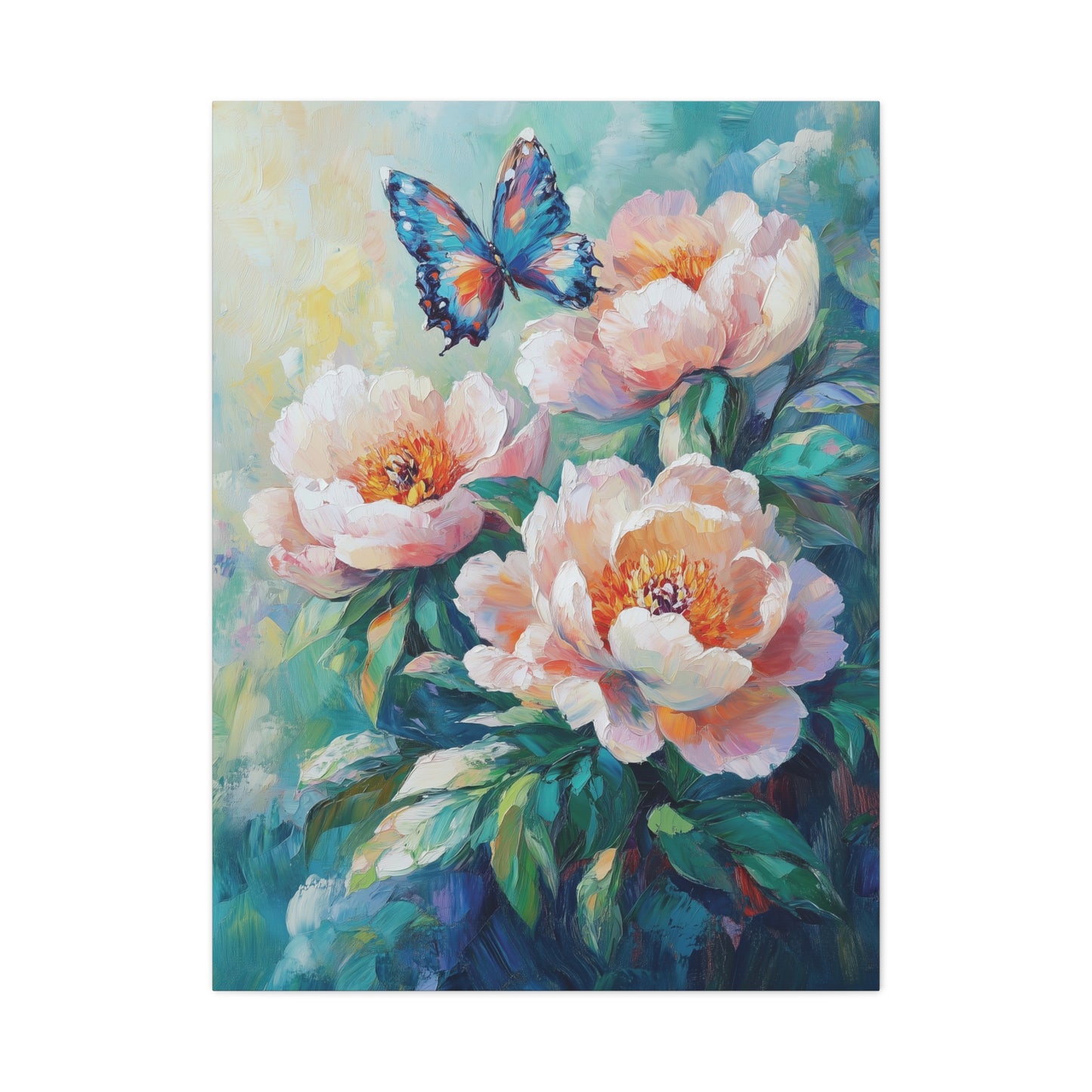 Pink Peach Peony Floral Canvas Print Art, Butterfly Wall Decor, Flower and Butterfly Canvas, Nature Lover Gift, Oil Painting Style Wall Art