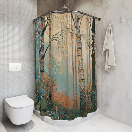 shower curtain with colorful tree designs