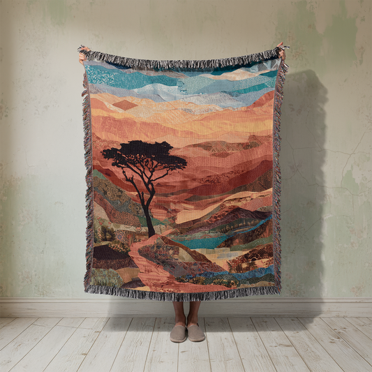 African Landscape Woven Blanket, Colorful Mosaic Tapestry Wall Hanging, Lone Tree Sunset Throw Jacquard, Modern Boho Eclectic Decor