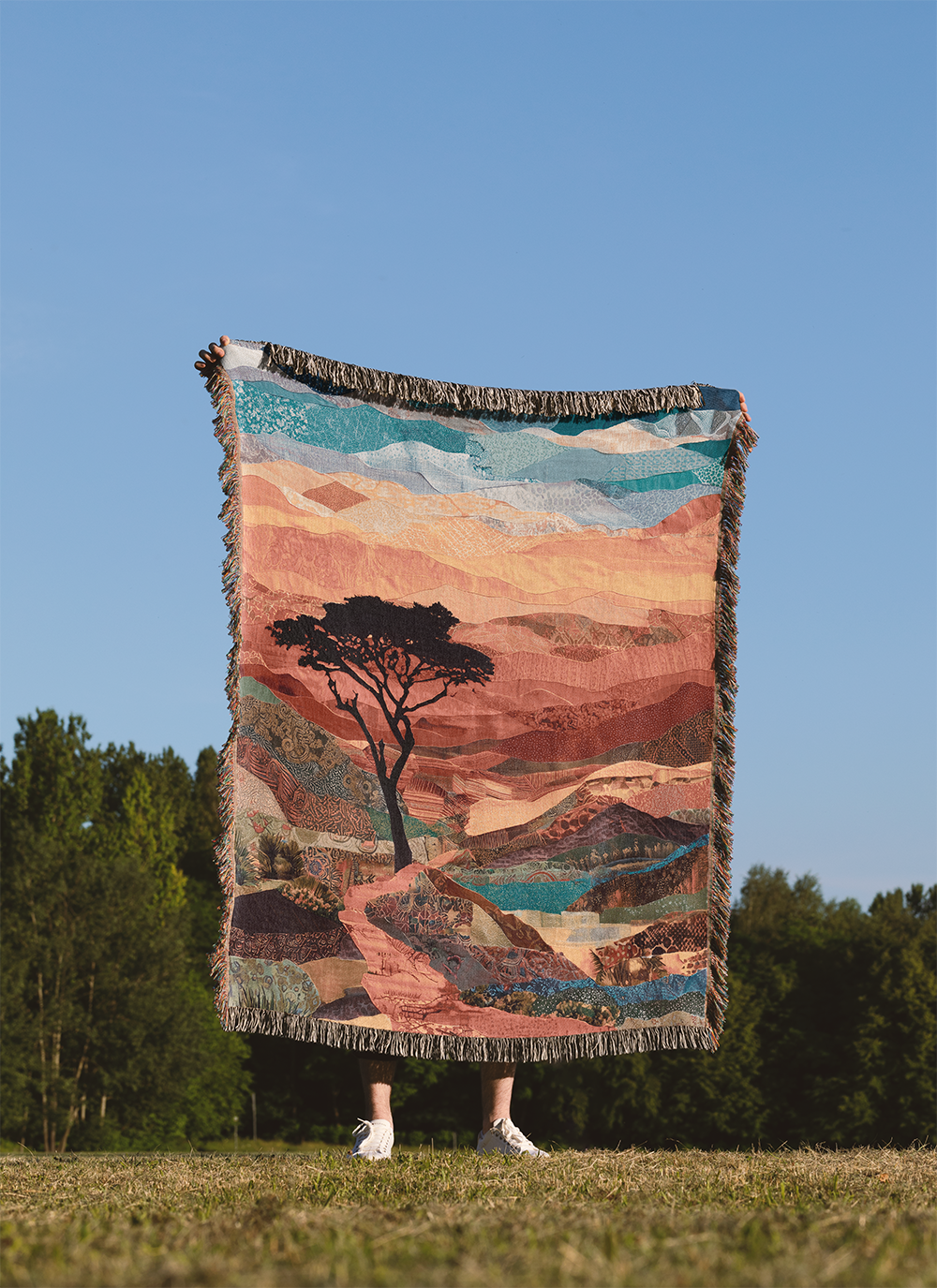 African Landscape Woven Blanket, Colorful Mosaic Tapestry Wall Hanging, Lone Tree Sunset Throw Jacquard, Modern Boho Eclectic Decor