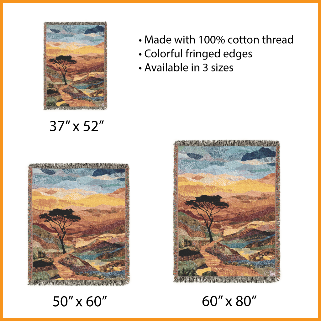 African Landscape Woven Blanket, Colorful Mosaic Tapestry Wall Hanging, Lone Tree Sunset Throw Jacquard, Modern Boho Eclectic Decor