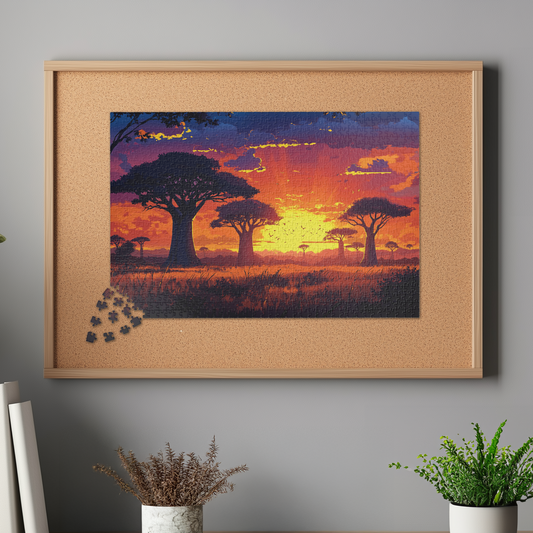 African Savanna Sunset Landscape Jigsaw Puzzle, Baobab Trees Silhouette Puzzle, Relaxation Gift, Mindfulness Activity, Nature Art Lover Gift