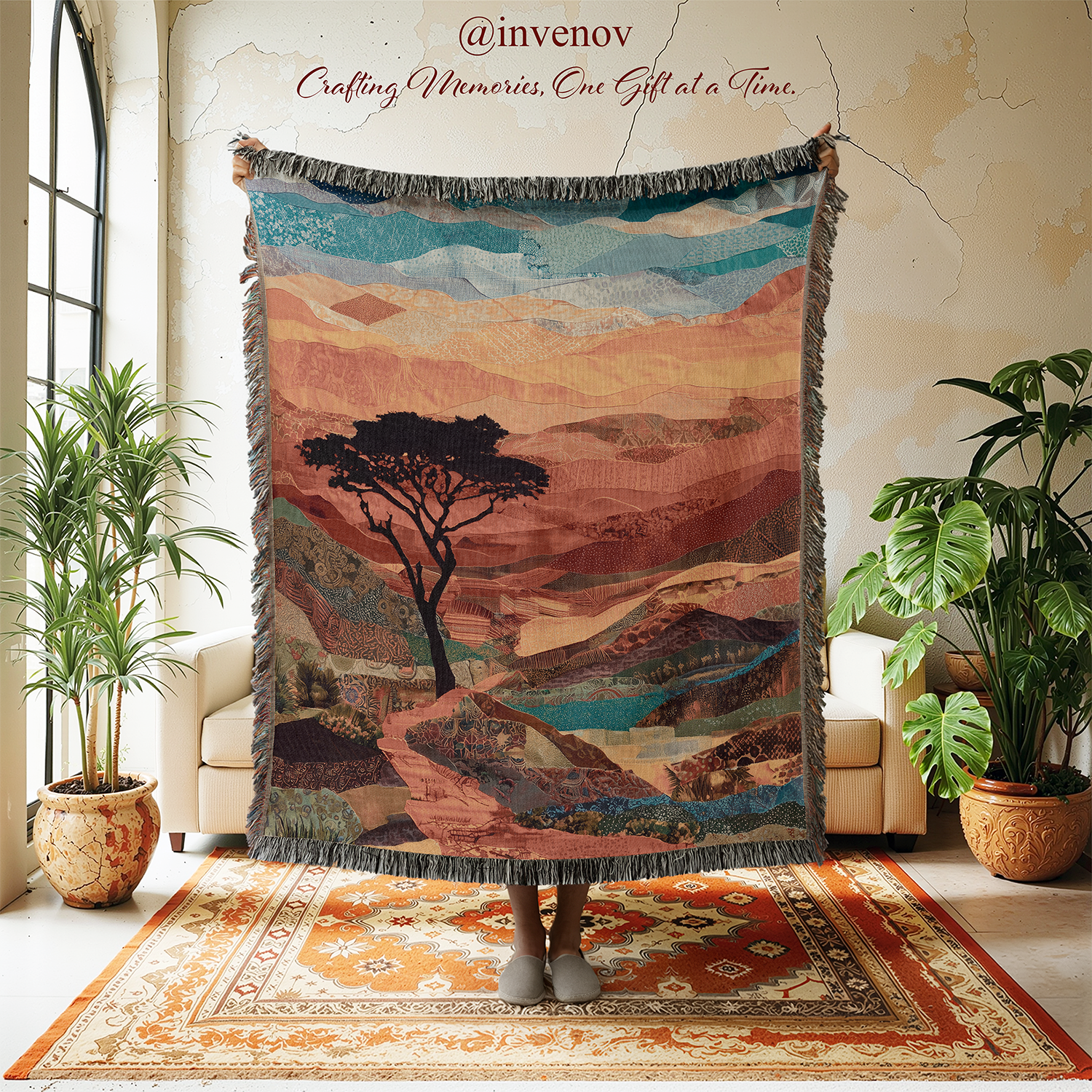 Person holding a scenic tapestry with a tree and landscape design in a room with plants and furniture.