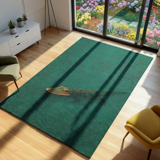 Green rug with an alligator design on a wooden floor in a room with a garden view.
