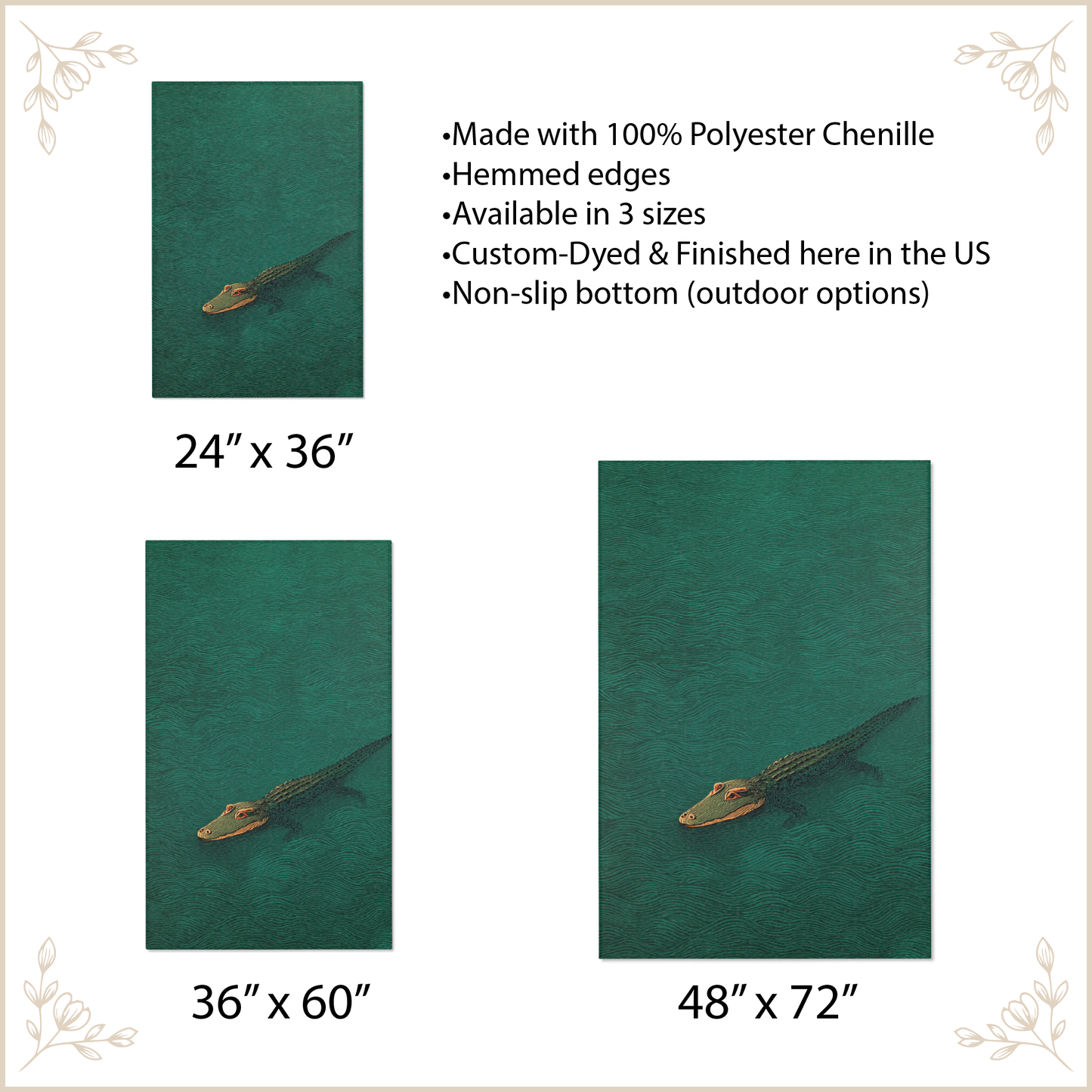 Green crocodile rug with size options and product details on a white background