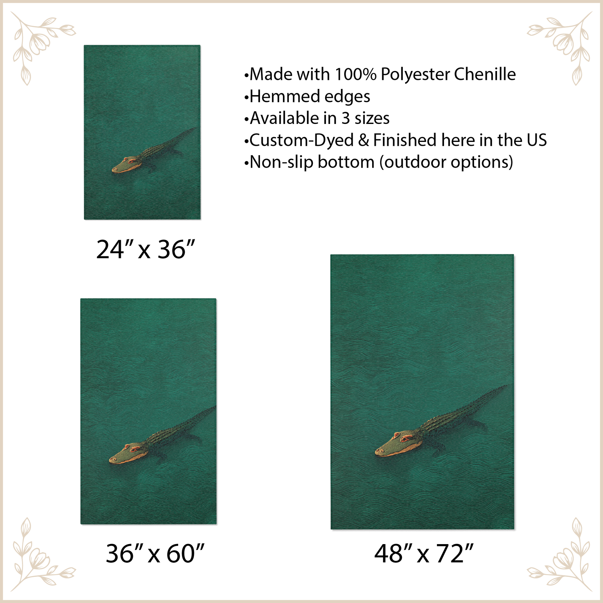 Green crocodile rug with size options and product details on a white background