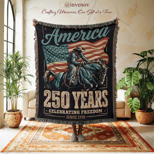 Blanket with American flag and cowboy design in a room with plants and furniture.