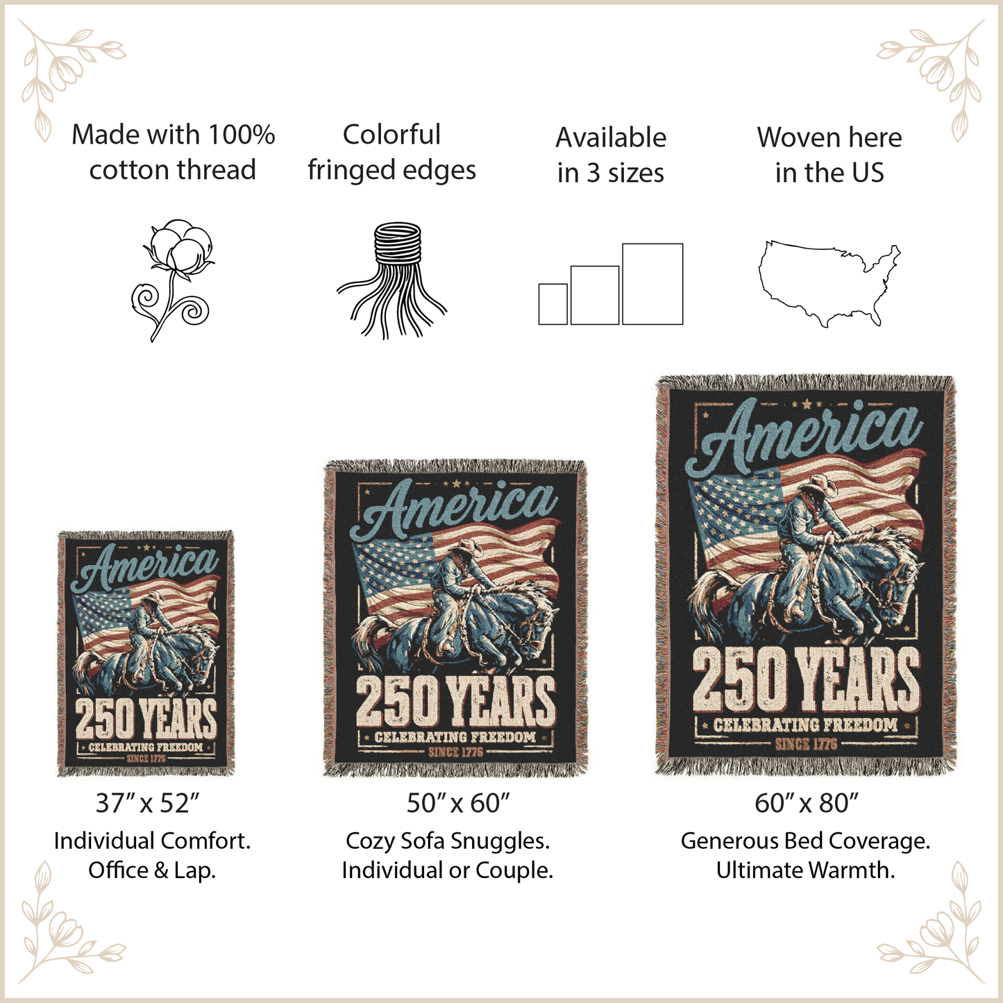 Woven blanket with 'America 250 Years' design, featuring size options and product details.