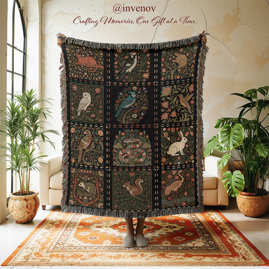 Decorative blanket with animal patterns hanging in a room with plants and furniture.