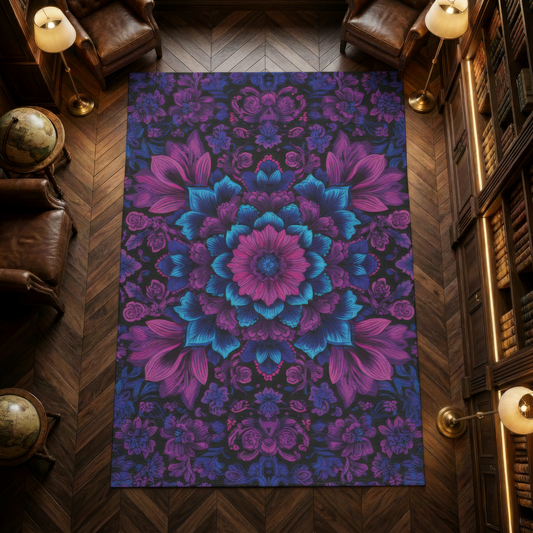 Vibrant Purple Blue Mandala Area Rug, Maximalist Boho Floral Decor, Witchy Dark Aesthetic Floor Mat, Psychedelic Bedroom Carpet
