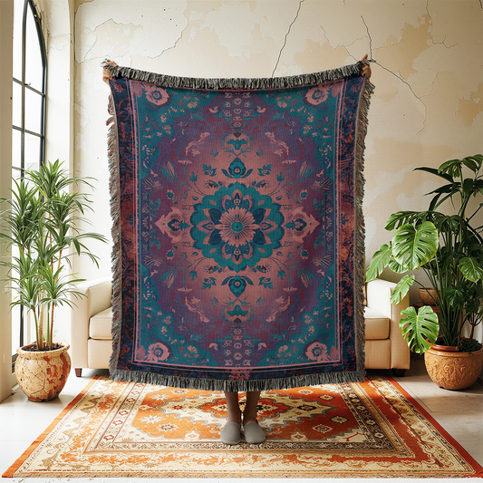Boho Persian Style Woven Blanket, Vintage Style Blue Purple Tapestry Throw, Whimsigoth Decor, Dark Academia Jacquard Bedding Sofa Cover
