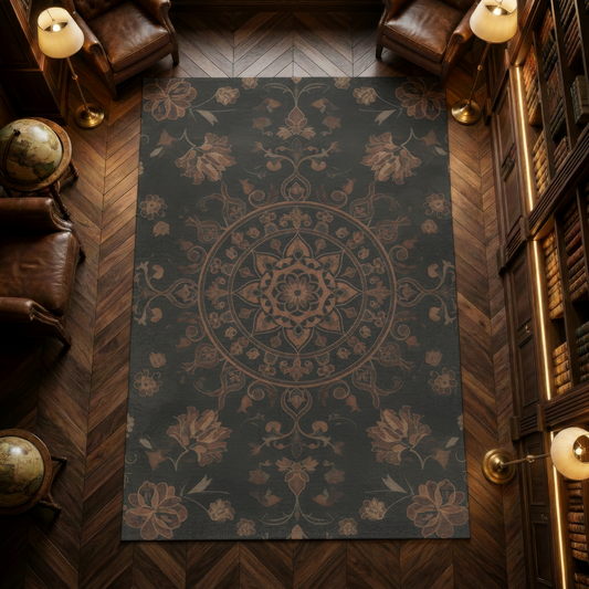 Dark Gothic Area Rug, Vintage Black Persian Style Carpet, Moody Bedroom Floor Mat, Dark Academia Decor, Distressed Boho Living Room Rug