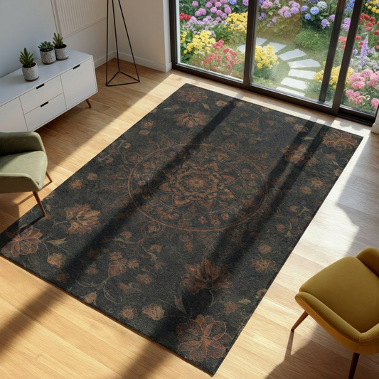 Decorative rug with floral pattern on a wooden floor in a room with a garden view.