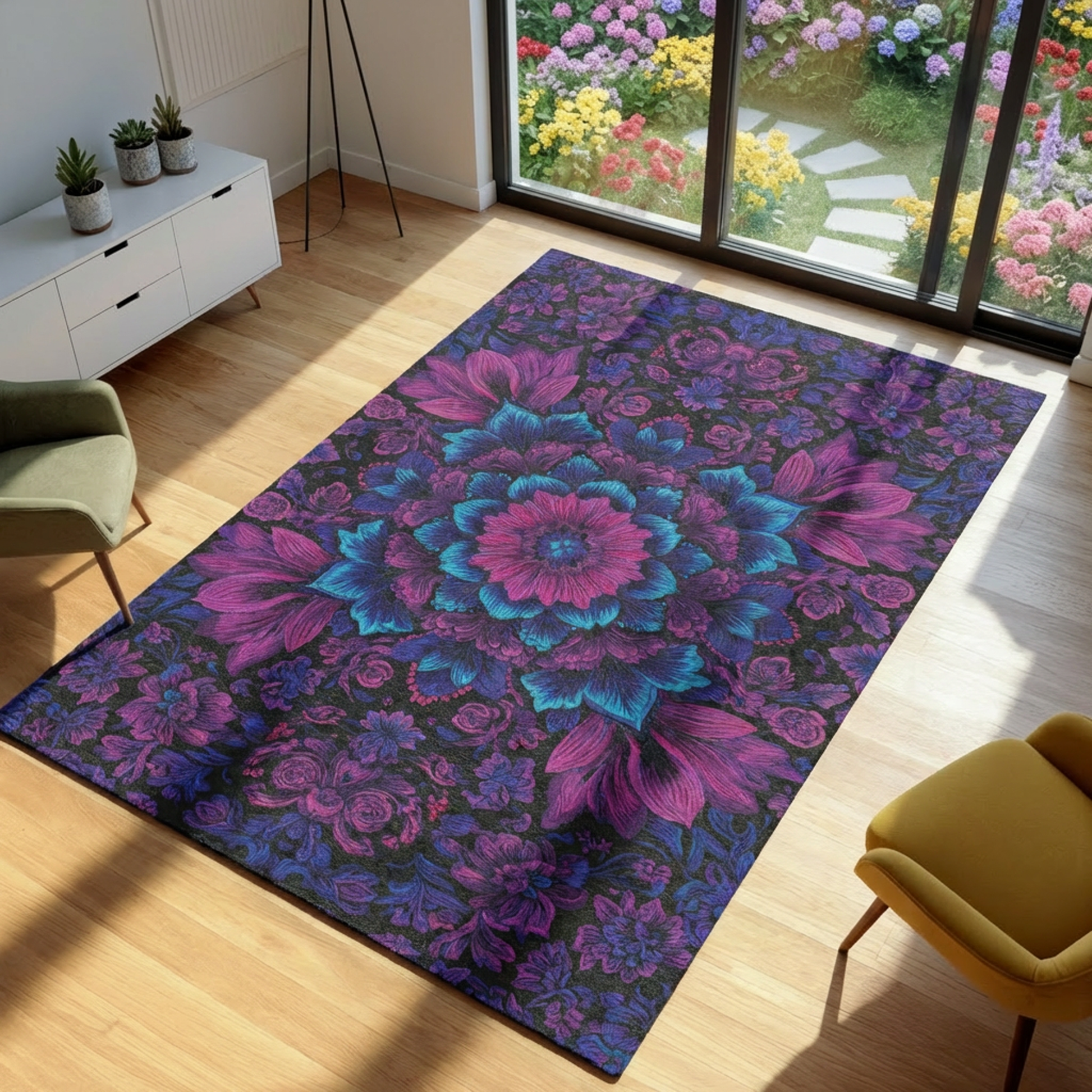 Floral patterned rug on a wooden floor with a garden view outside.