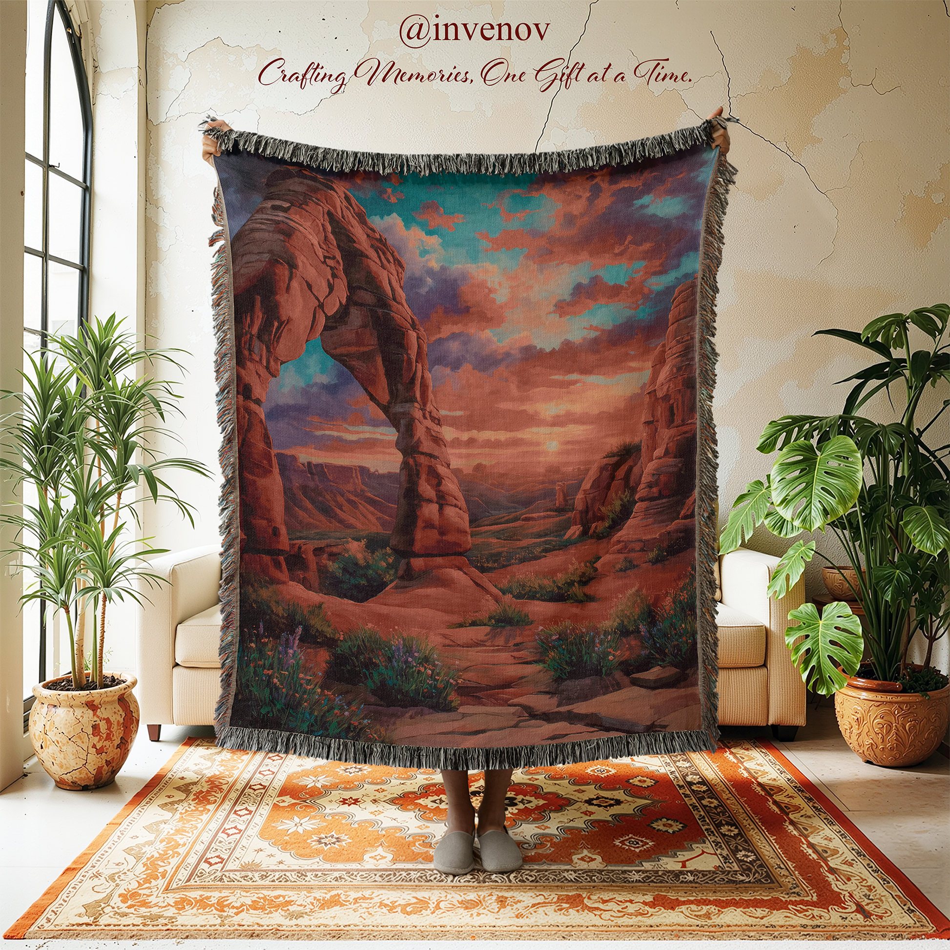 Person holding a scenic blanket with desert landscape design in a room with plants and furniture.