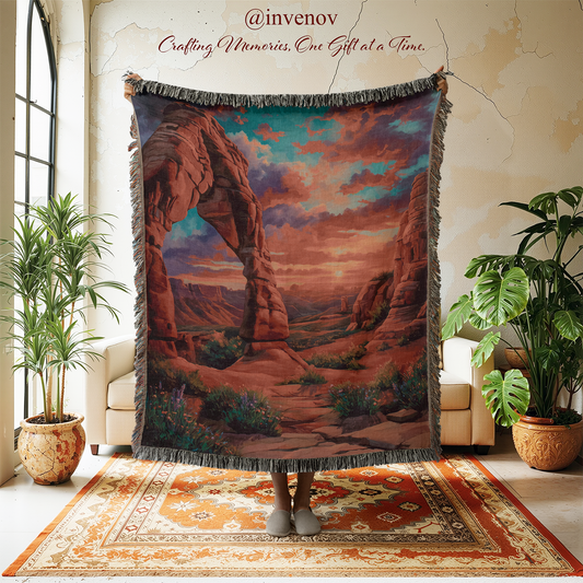 Person holding a scenic blanket with desert landscape design in a room with plants and furniture.