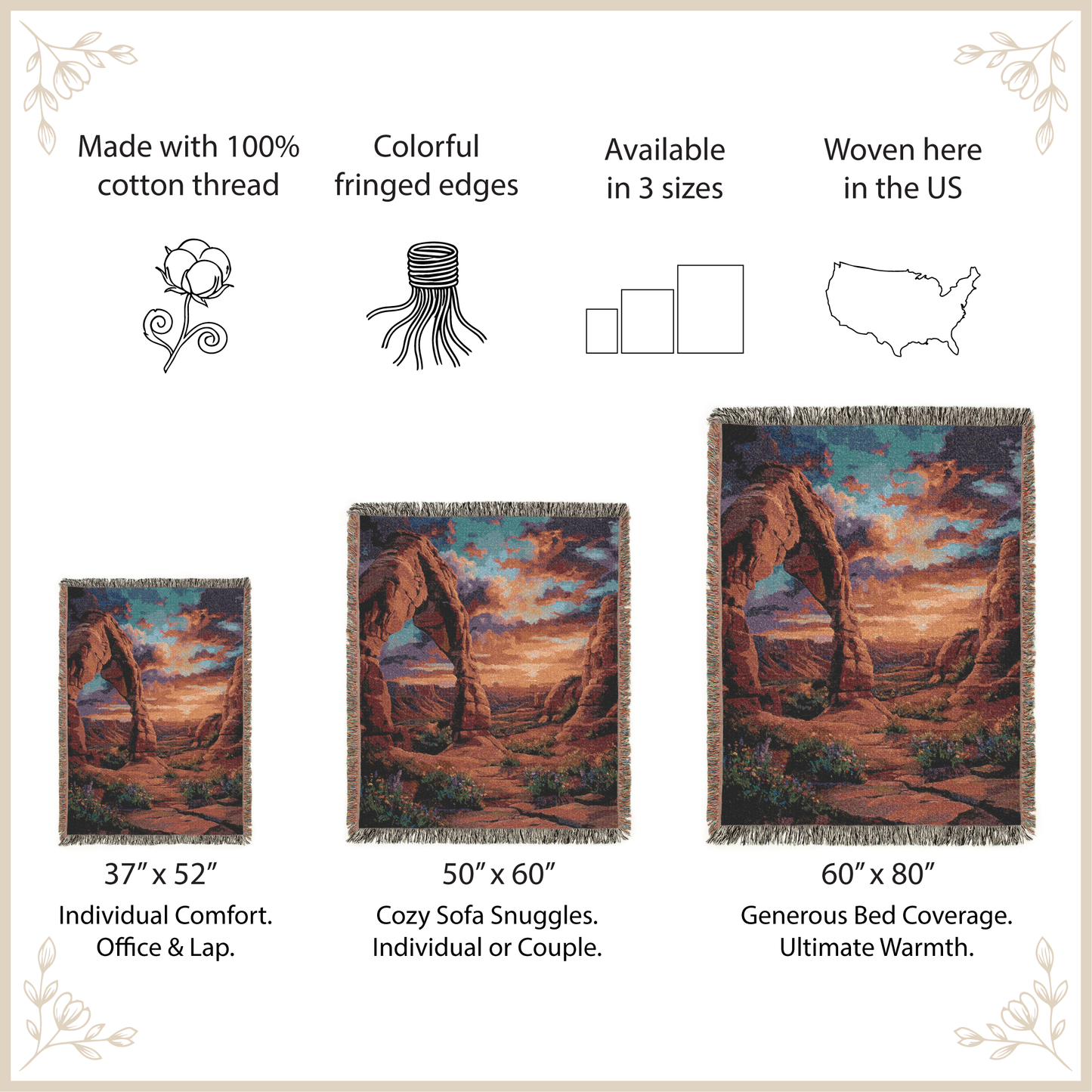 Woven blanket with desert scene design, featuring size options and product details.