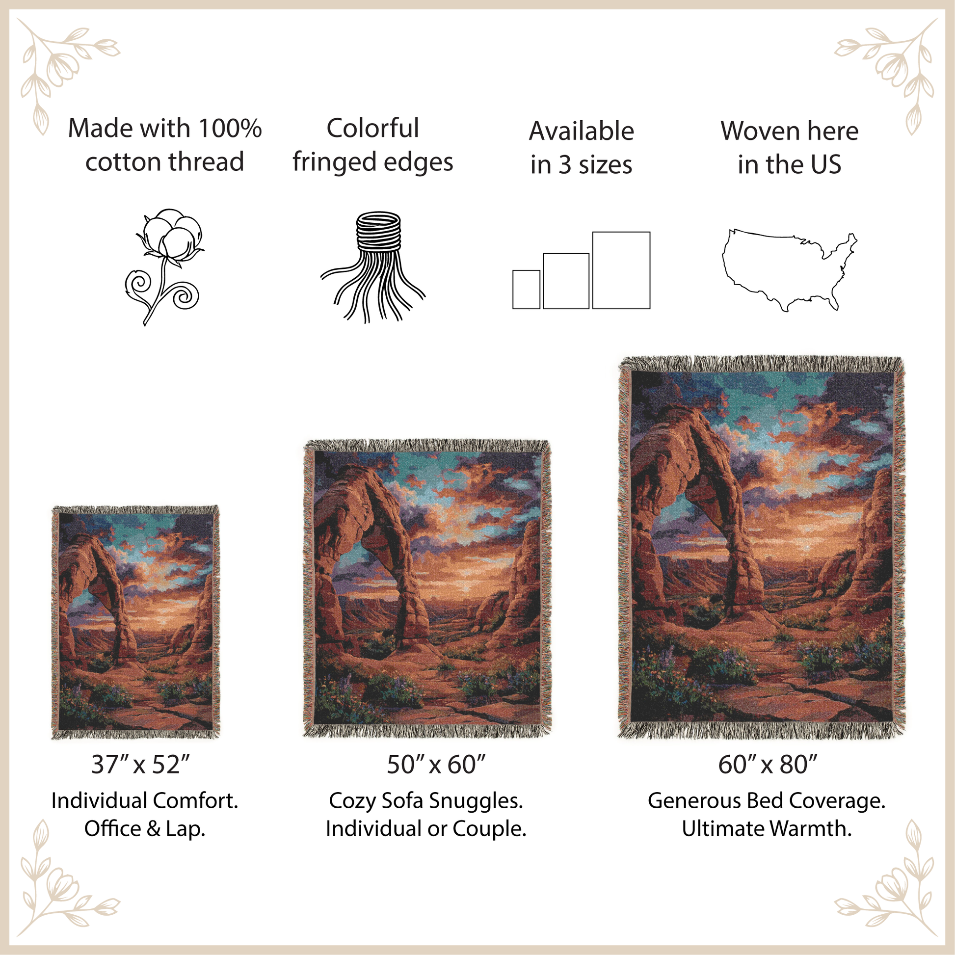 Woven blanket with desert scene design, featuring size options and product details.