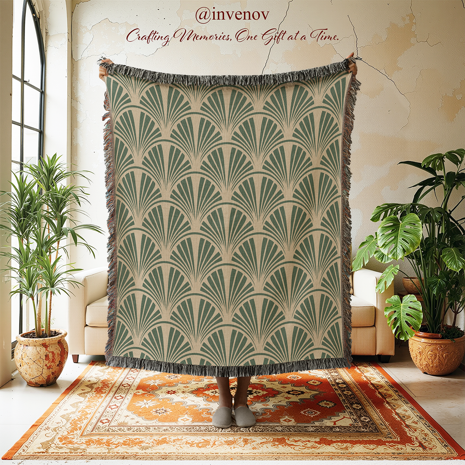 Decorative throw blanket with geometric pattern in a room with plants and furniture.
