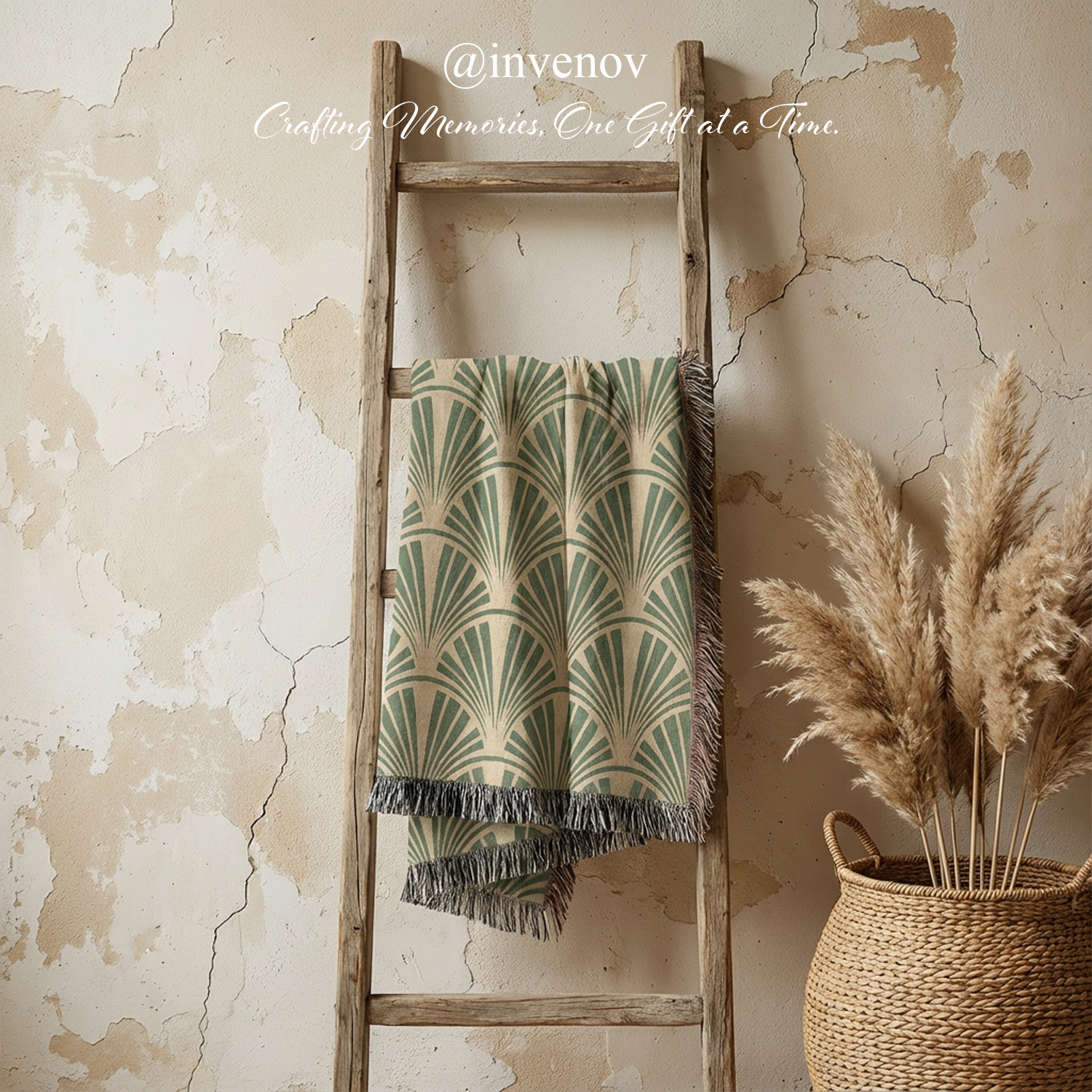 Green patterned blanket on a wooden ladder against a textured wall with a basket of dried plants.
