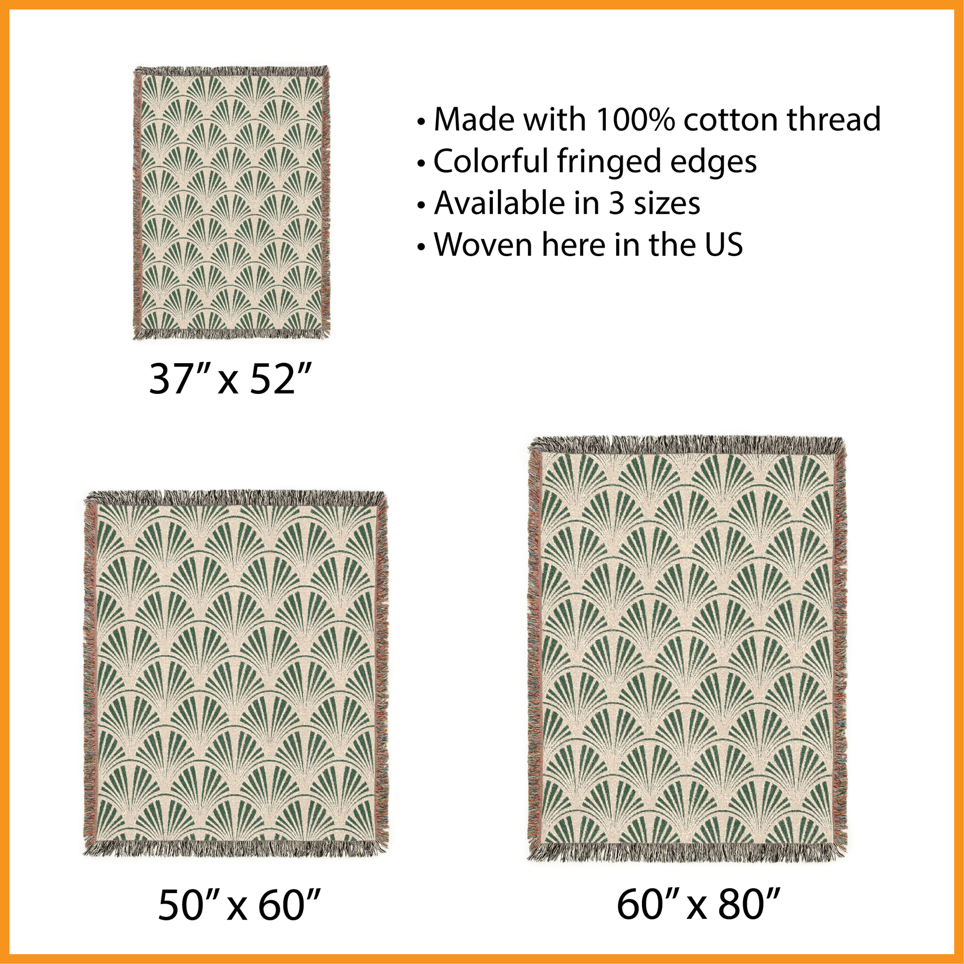 Woven blanket with geometric pattern and fringed edges, displayed with size specifications and material details.