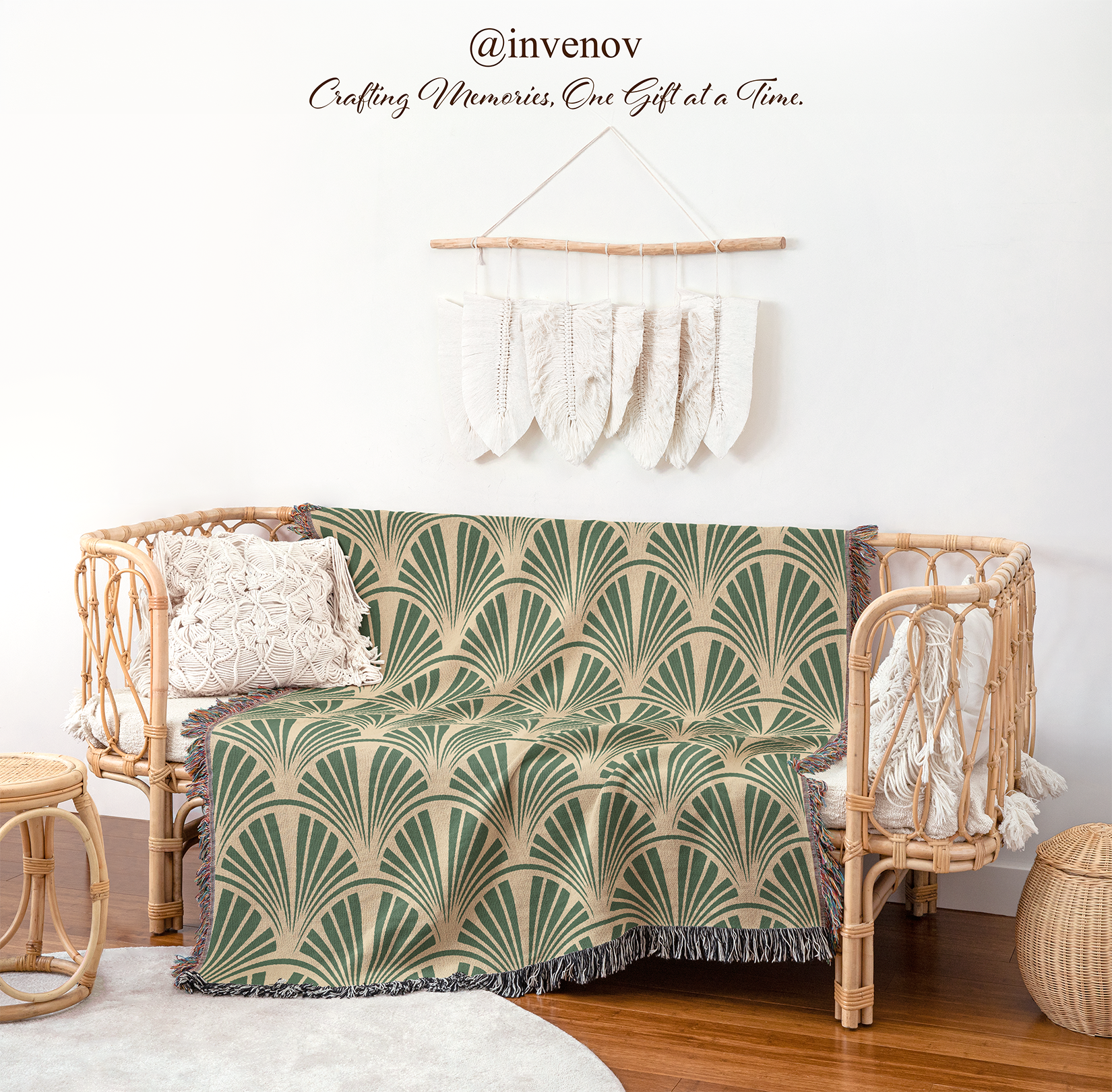 Green patterned throw blanket draped over a wicker chair