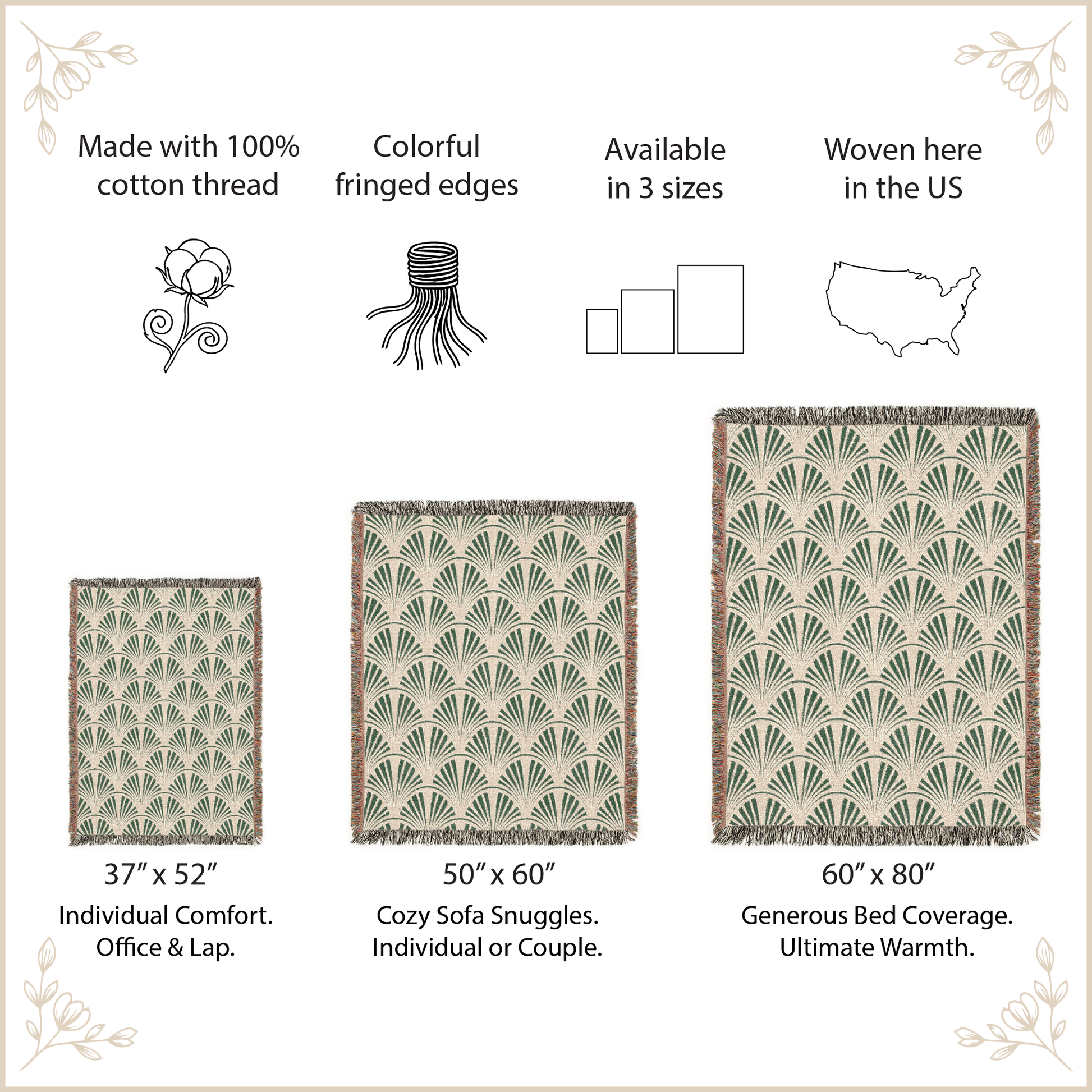 Text and images of woven blankets with size options and features.