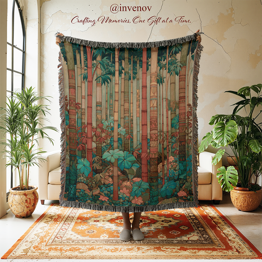 Decorative tapestry with a forest design in a room with plants and furniture.