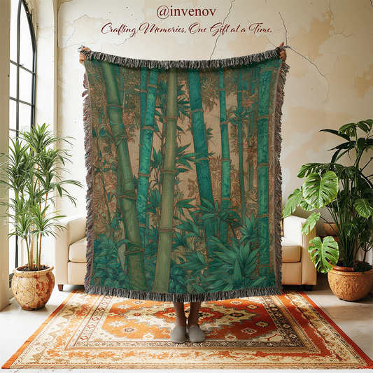 Person holding a bamboo-themed blanket in a room with plants and a couch.