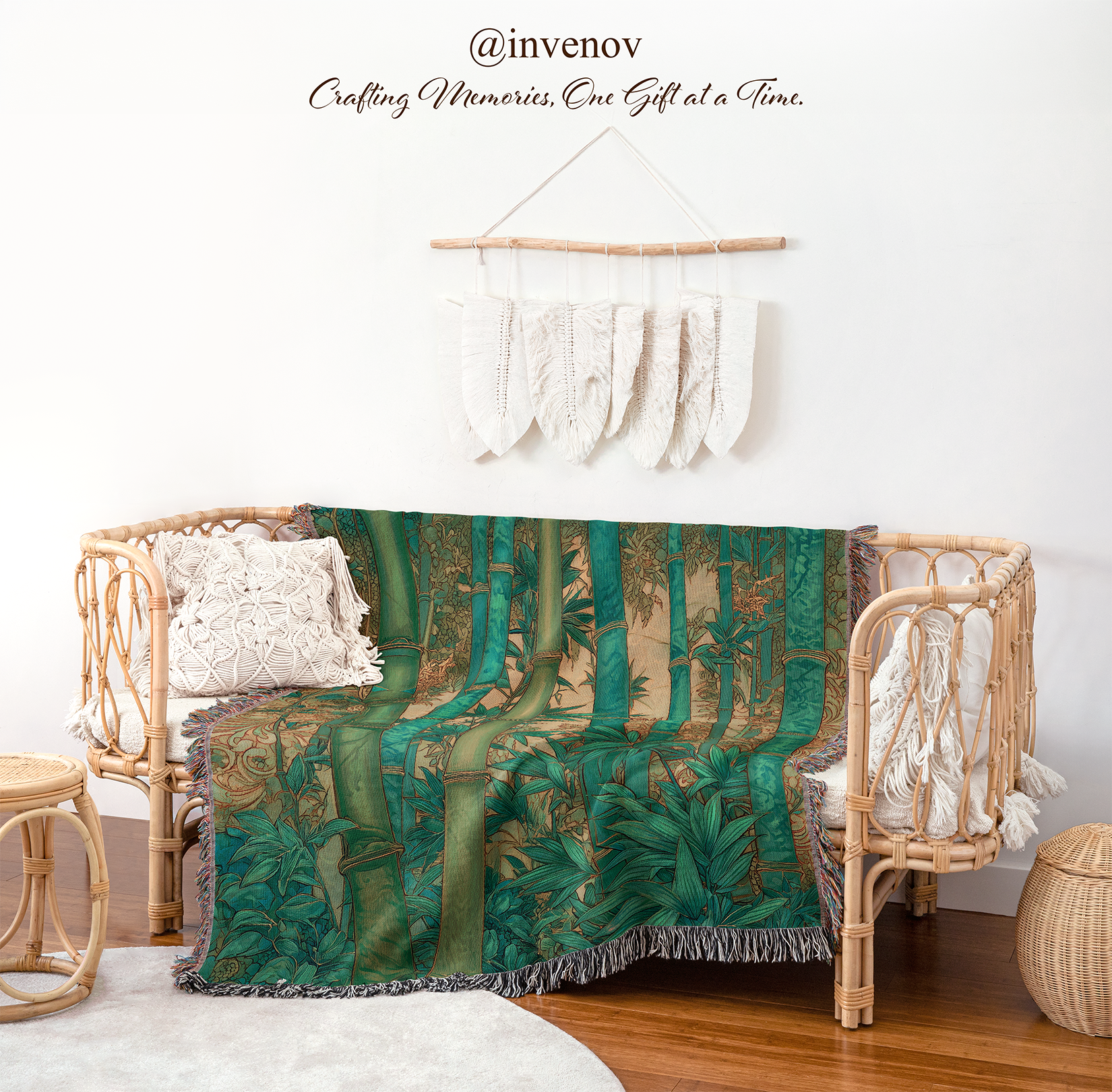 Green forest-patterned blanket draped over a chair