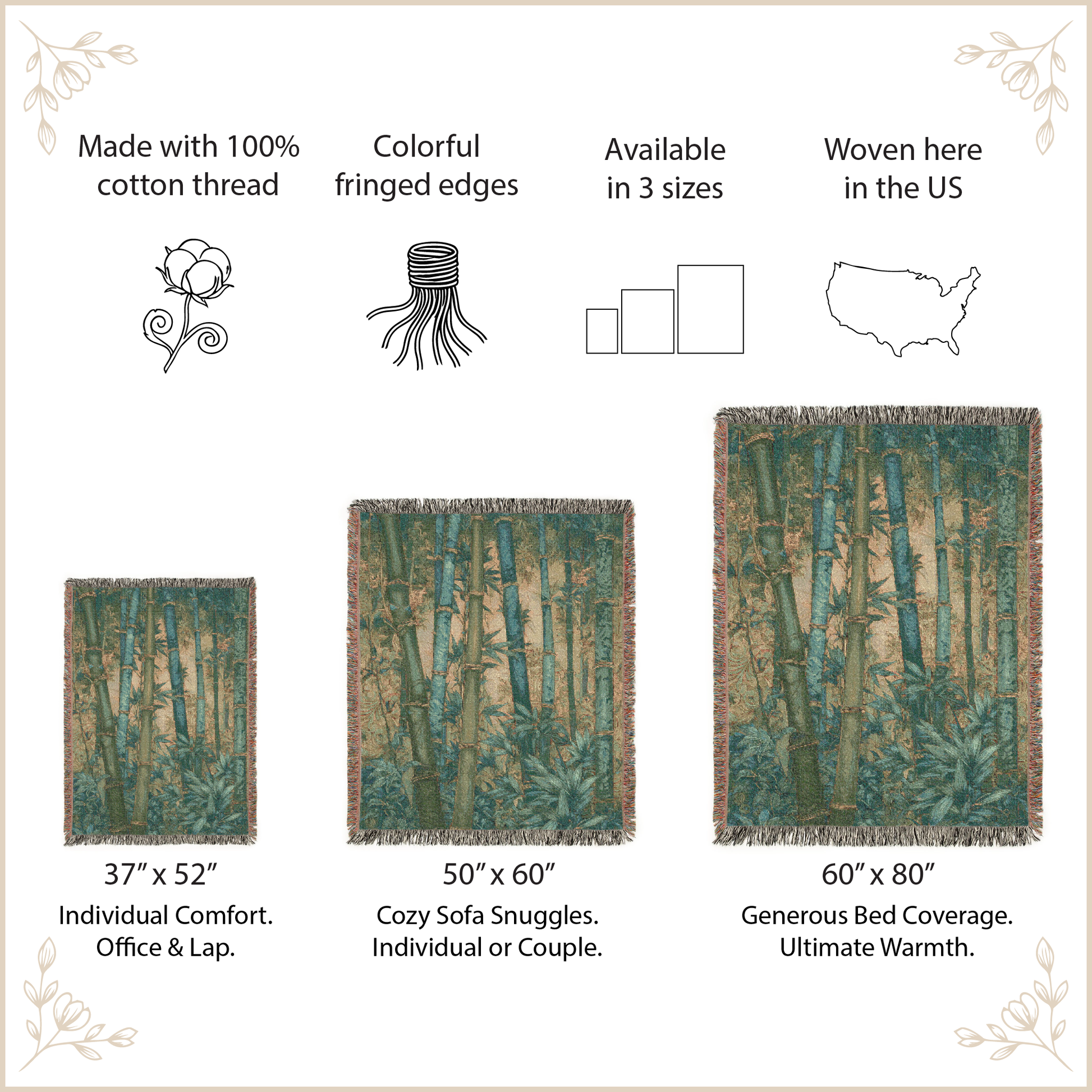Woven blanket with forest design, size options, and features listed on a beige background.