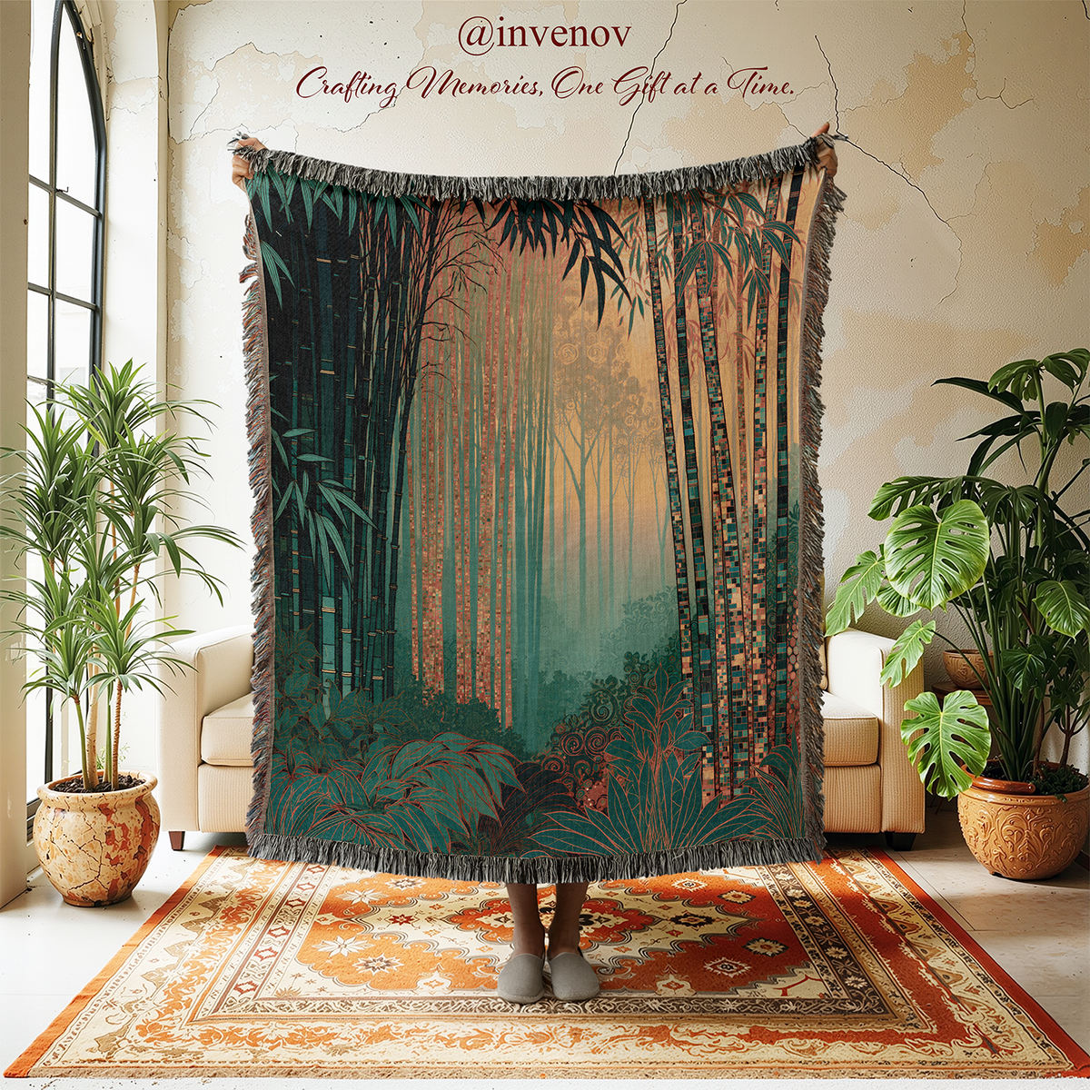 A large woven tapestry with a forest scene is held up in a living room setting, showing a person's feet at the bottom. The tapestry features a dense bamboo forest with green, teal, and brown tones, and is displayed against a rustic beige wall with plants and a patterned rug.