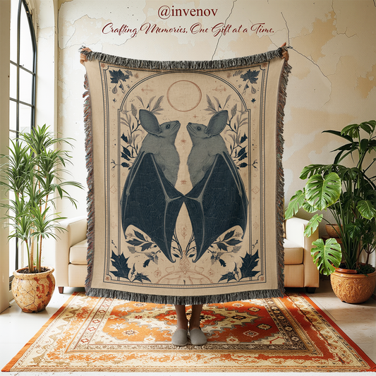 Vintage Style Bat Woven Blanket, Celestial Moon Tarot Card Throw, Gothic Cottagecore Decor, Whimsigoth Tapestry, Spooky Bat Lover Gift