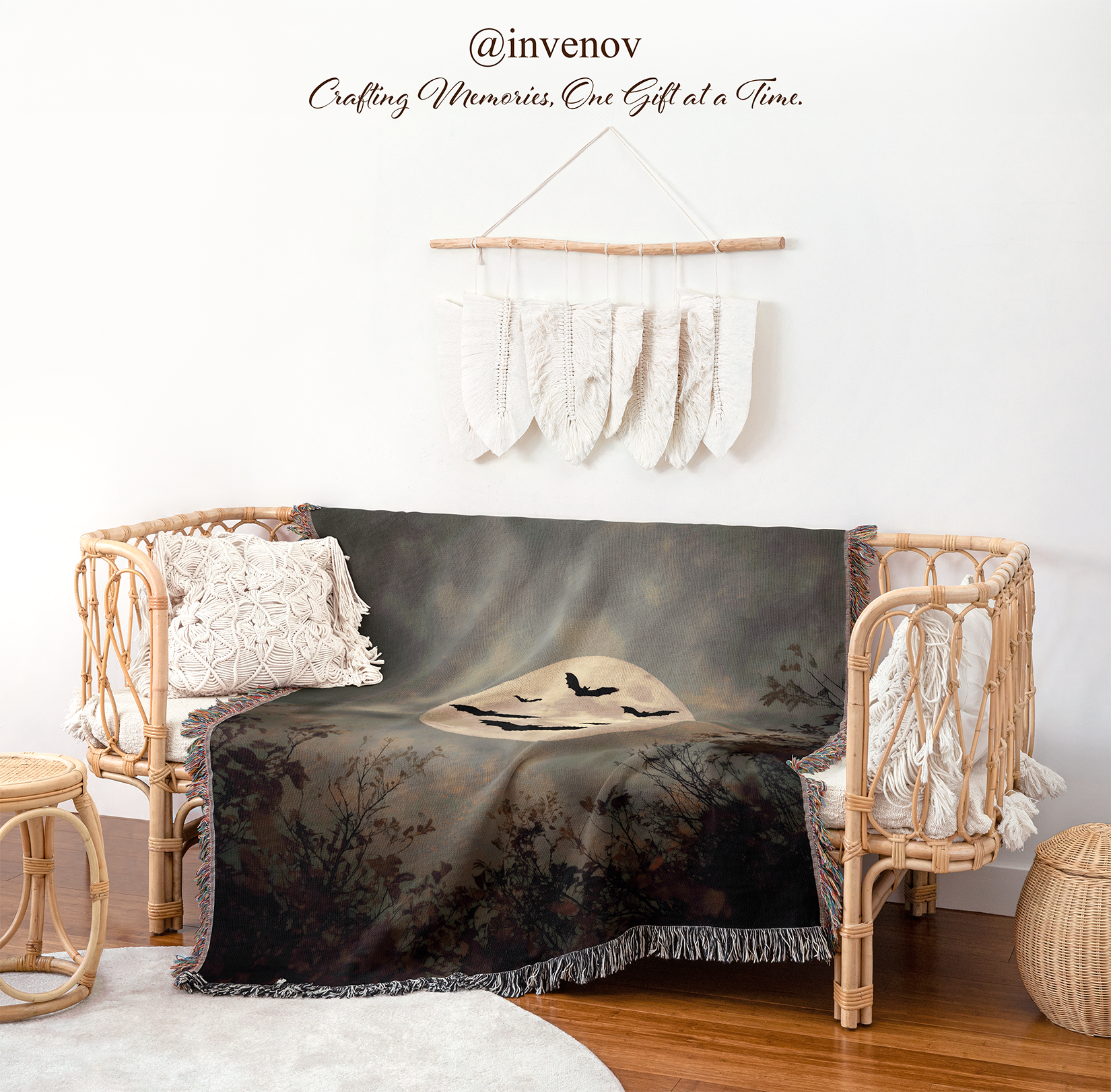 Decorative blanket with a nature design draped over a wicker chair