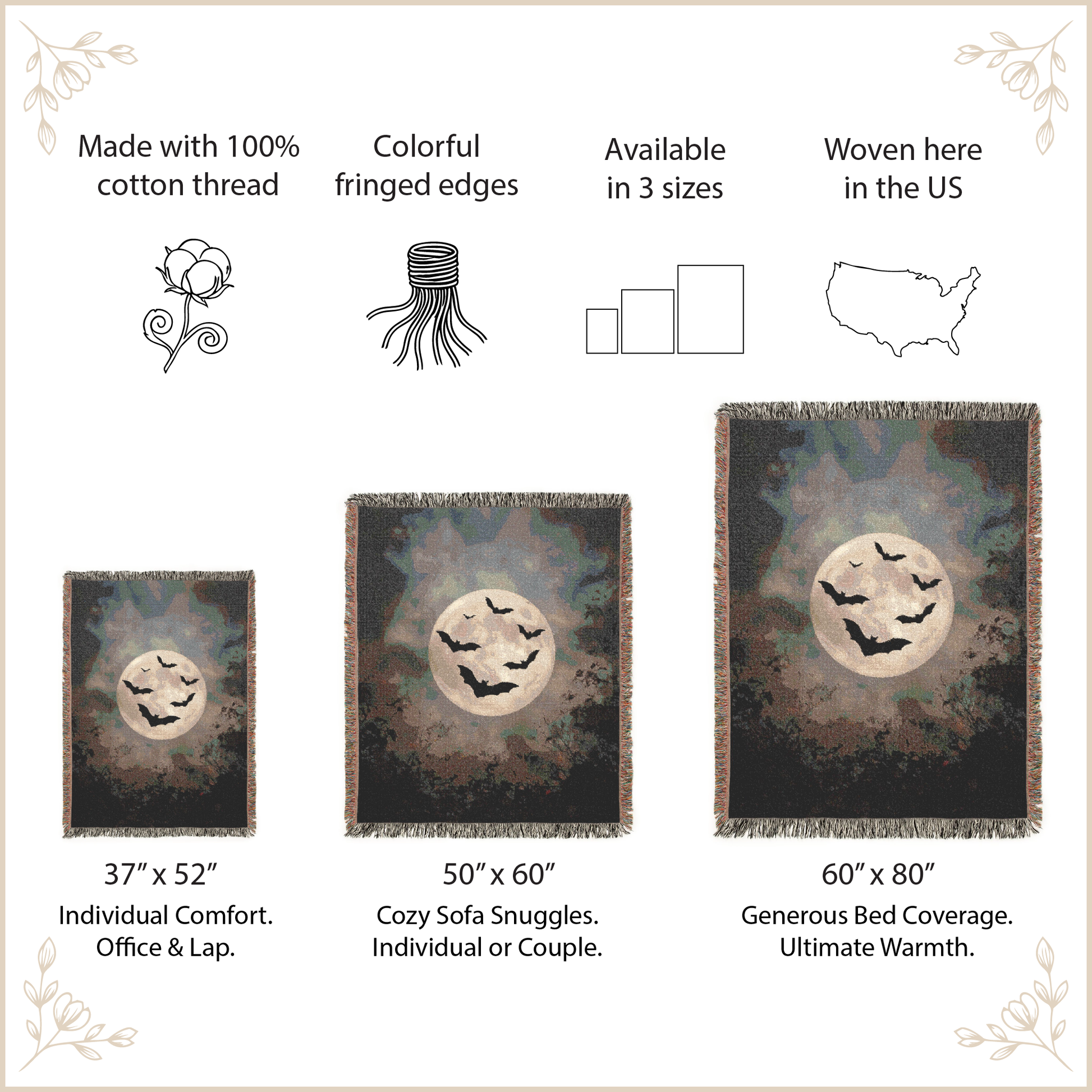 Woven blanket with moon and bat design, displayed with size information and product details.