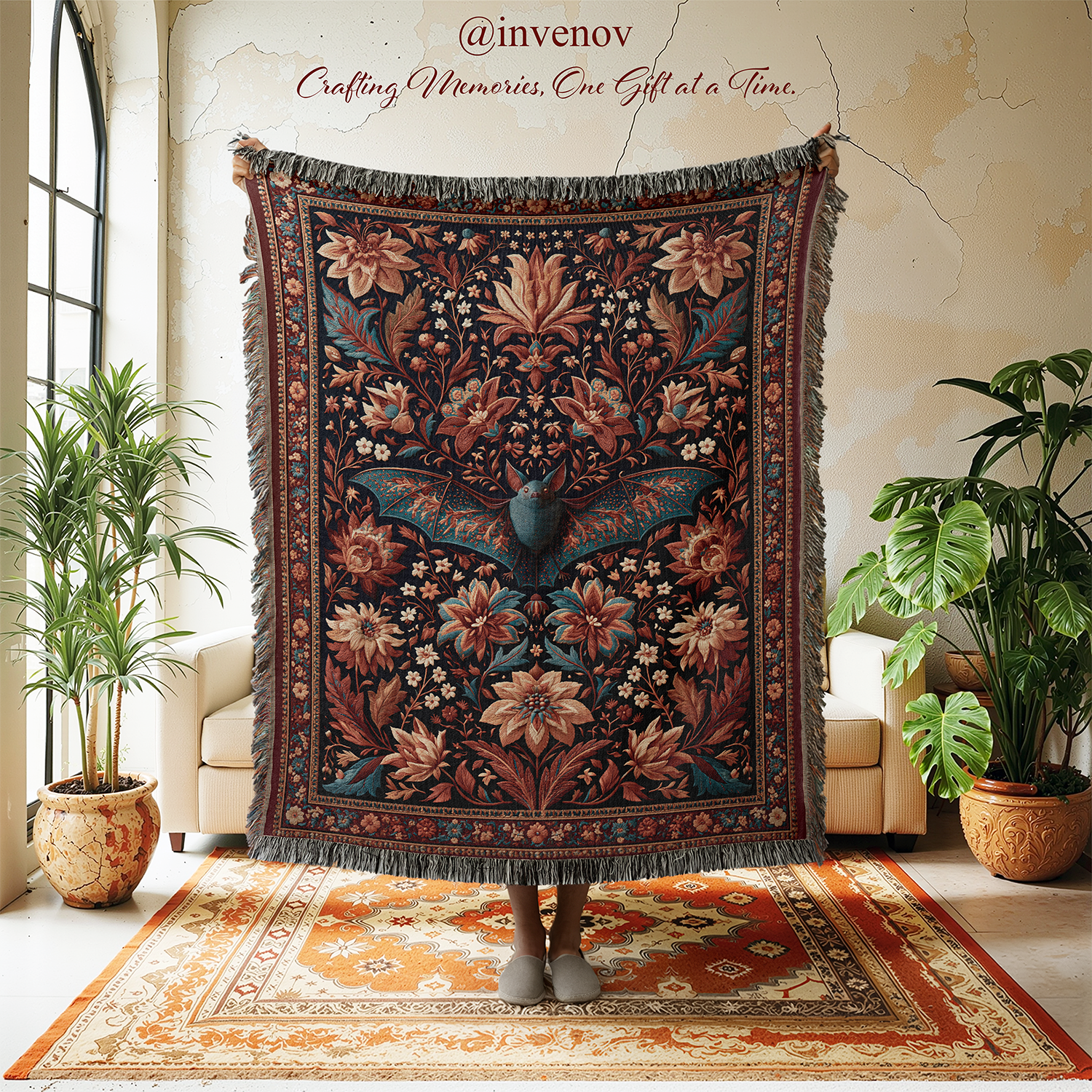 A person holds up a large decorative tapestry or throw blanket in a styled room. The textile features a dark navy background with a central blue bird and large floral motifs in muted pink, rust, beige, and green.