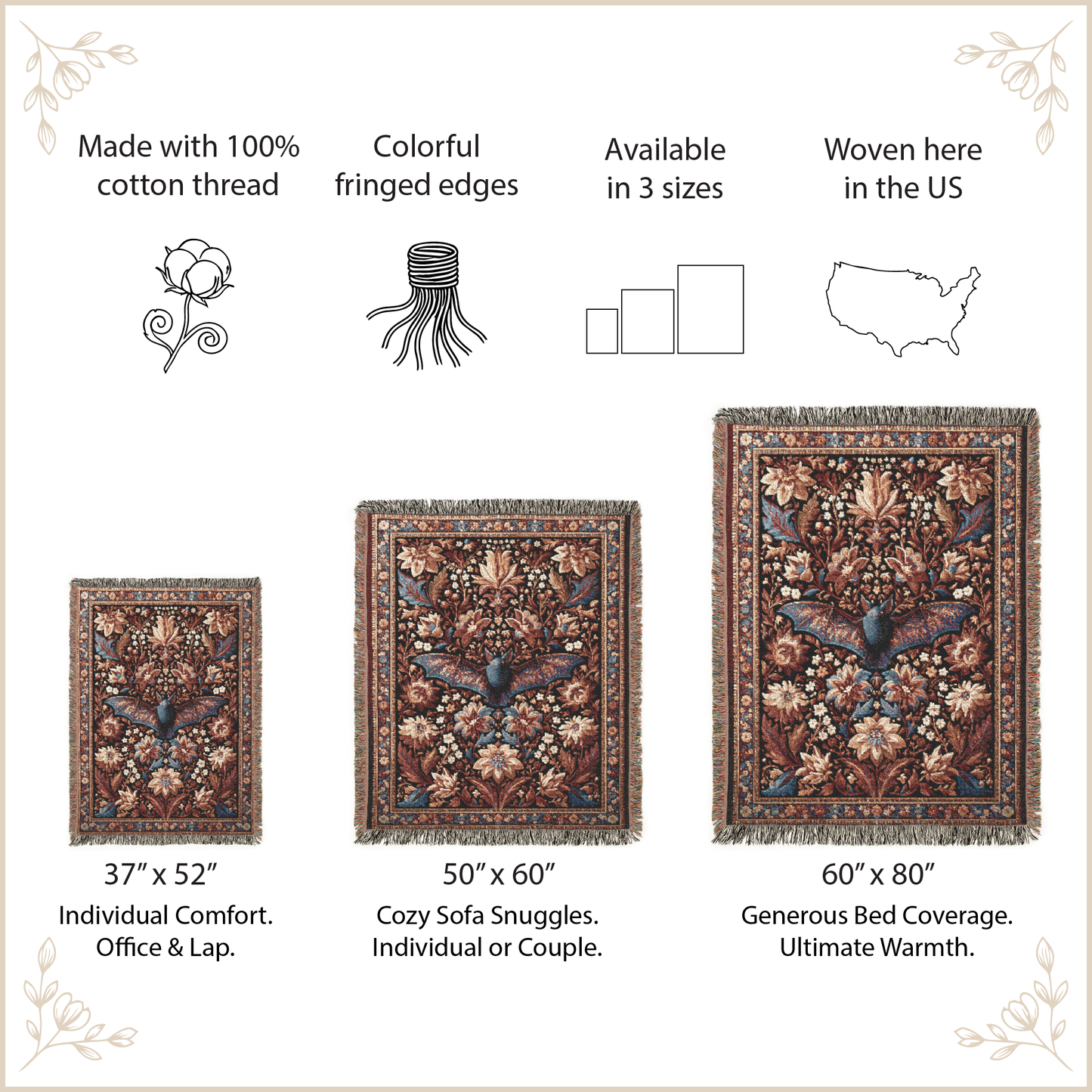 A product information graphic for a decorative area rug showing three size options: 37" x 52", 50" x 60", and 60" x 80". The graphic includes text stating 'Made with 100% cotton thread', 'Colorful fringed edges', 'Available in 3 sizes', and 'Woven here in the US', along with simple line drawings and a large central view of the rug pattern.