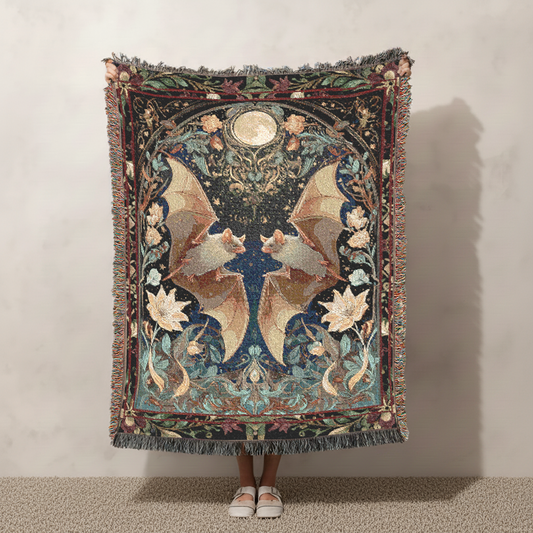 Bat Woven Blanket, Gothic Tapestry, Celestial Wall Hanging, Witchy Moody Botanical Art Jacquard Throw, Dark Academia Whimsigoth Wedding Gift
