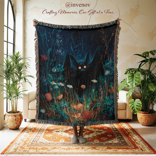 Decorative blanket with a fox design in a room with plants and furniture.