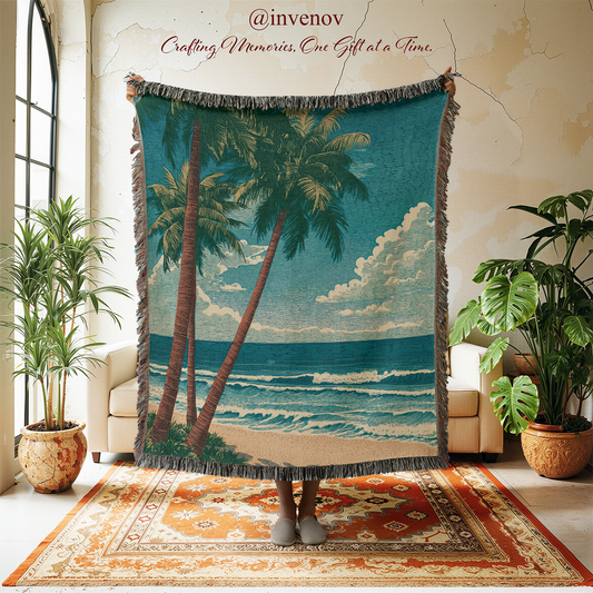 Decorative throw blanket with beach scene in a room with plants and furniture.
