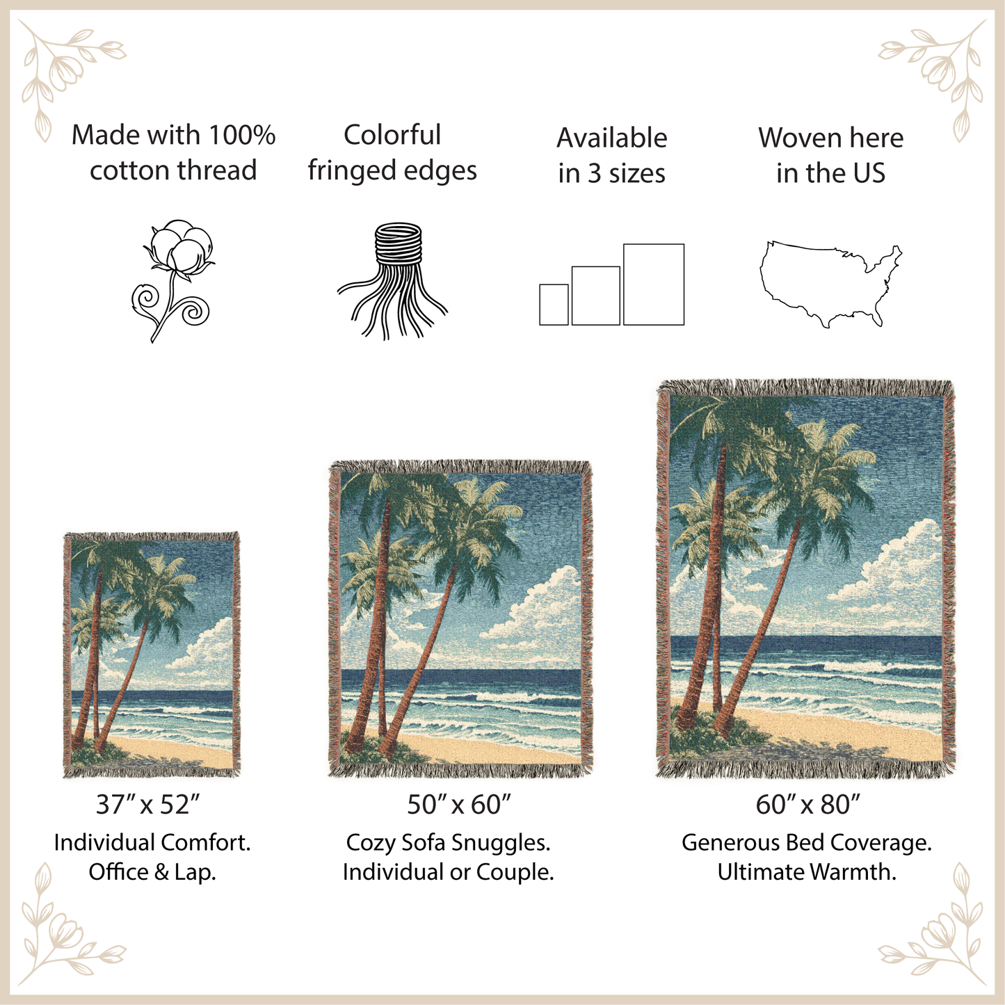 Tropical beach scene tapestry with palm trees and ocean, featuring product size information and manufacturing details.