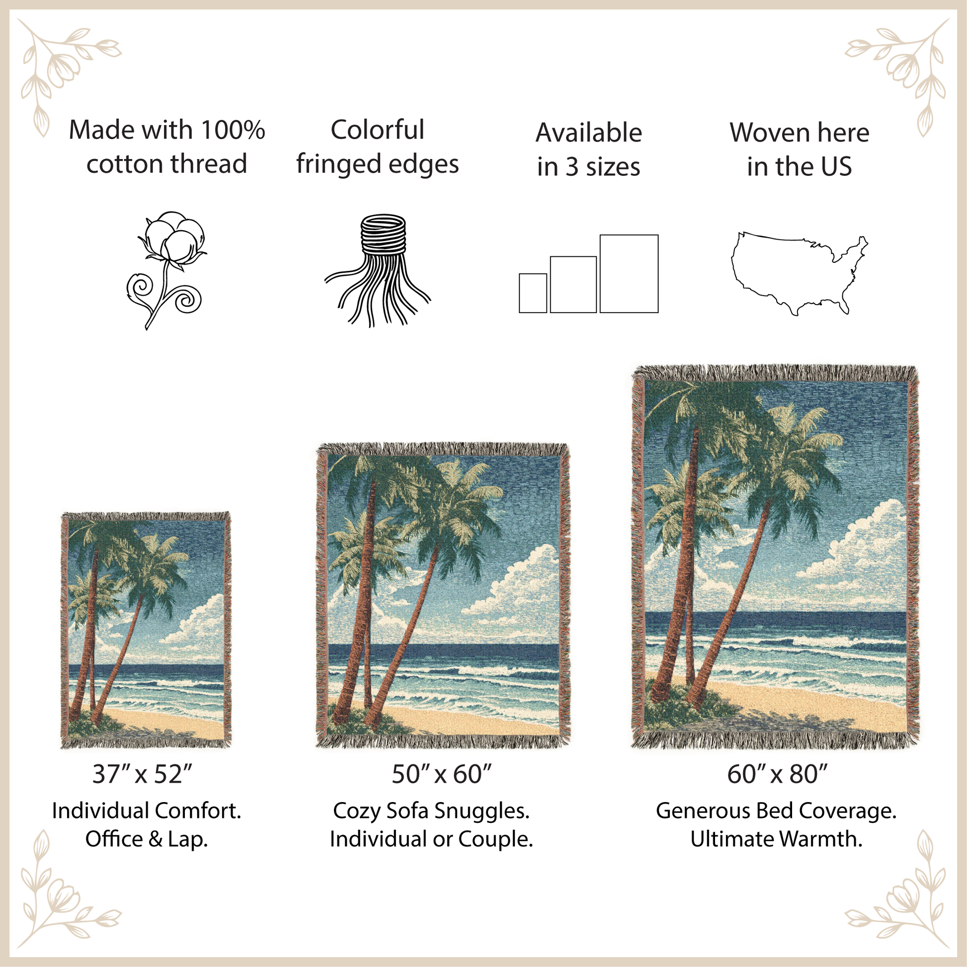 Tropical beach scene tapestry with palm trees and ocean, featuring product size information and manufacturing details.