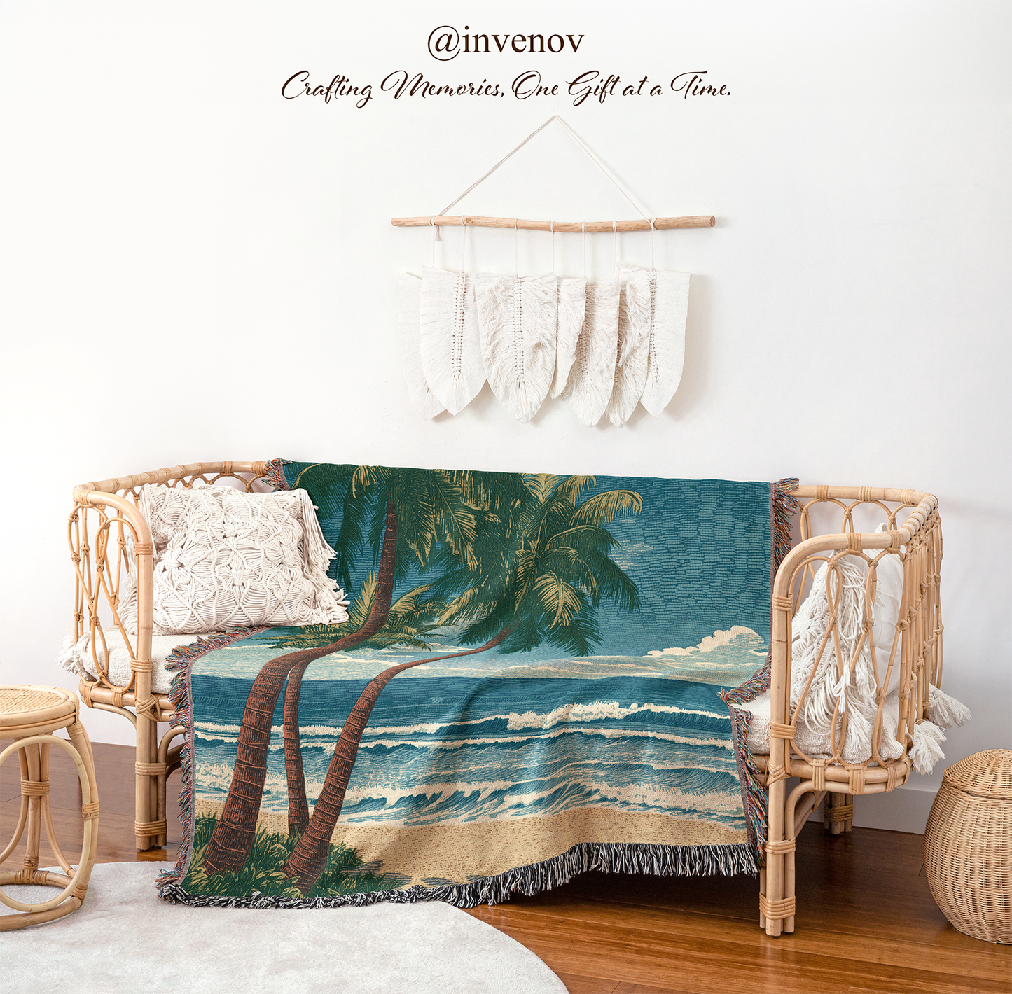 Tropical beach scene blanket draped over a wicker chair 