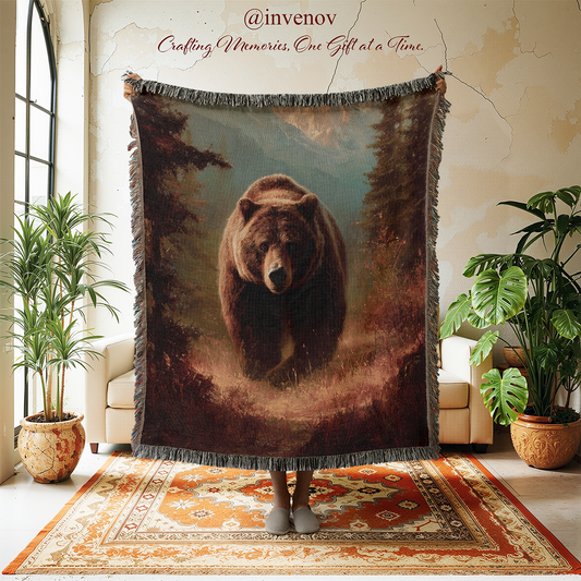 Blanket with bear design in a room with plants and furniture.