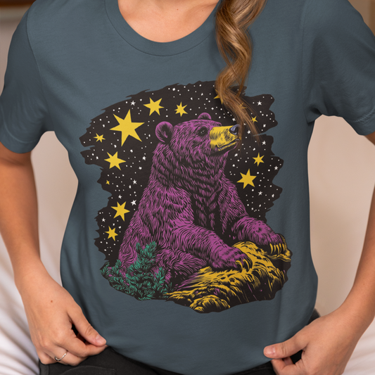 Bear Night Sky T-Shirt, Graphic Animal Tee, Colorful Moonlight Shirt, Pop Art Bear Top, Unisex Jersey Short Sleeve Tee