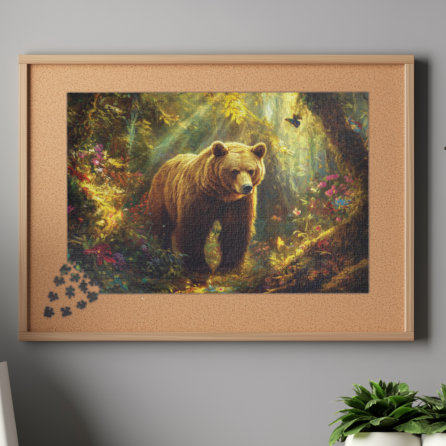 Majestic Bear Jigsaw Puzzle, Bear Lover Gift, Enchanted Woodland Jungle, Floral Wood Wildflowers Puzzle, Nature Enthusiast Gift, Wall Art